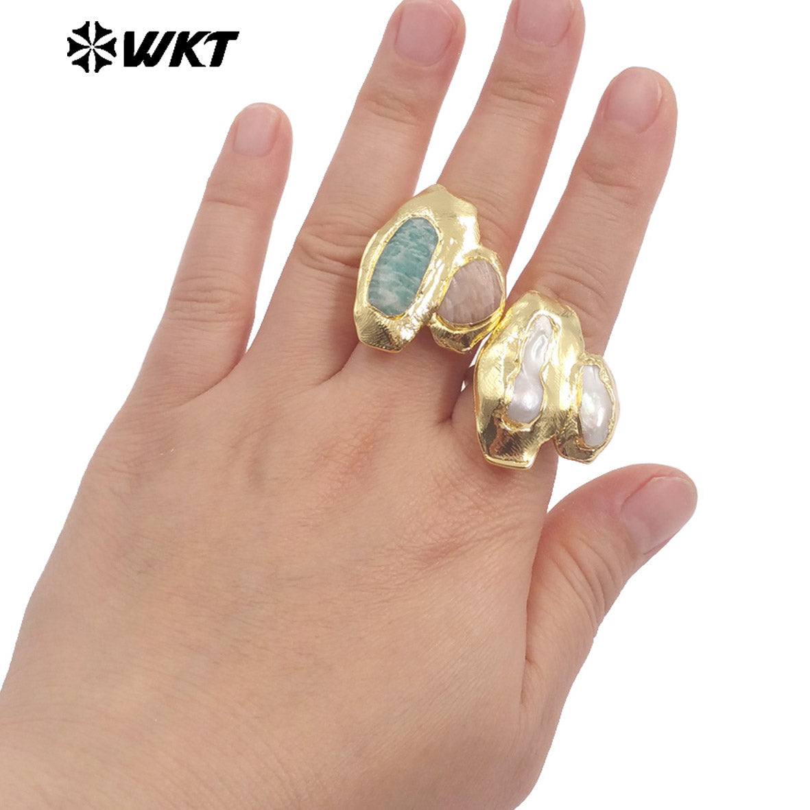 WT-MPR131 Wholesale Newest Design Fashion 18K Real Gold Plated Double Stone and Pearl Women Ring for Office Daily Styles