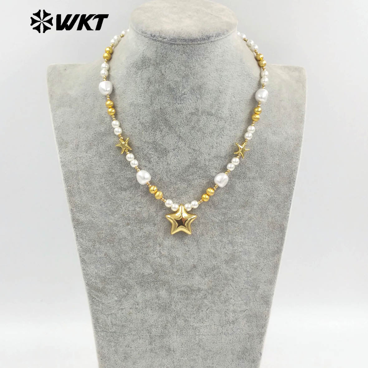 WT-JN287 WKT Natural Yellow Brass Artificial Pearl Star Shape Gold and Silver 16 Inch Necklace for the Girl As Birthday Gift