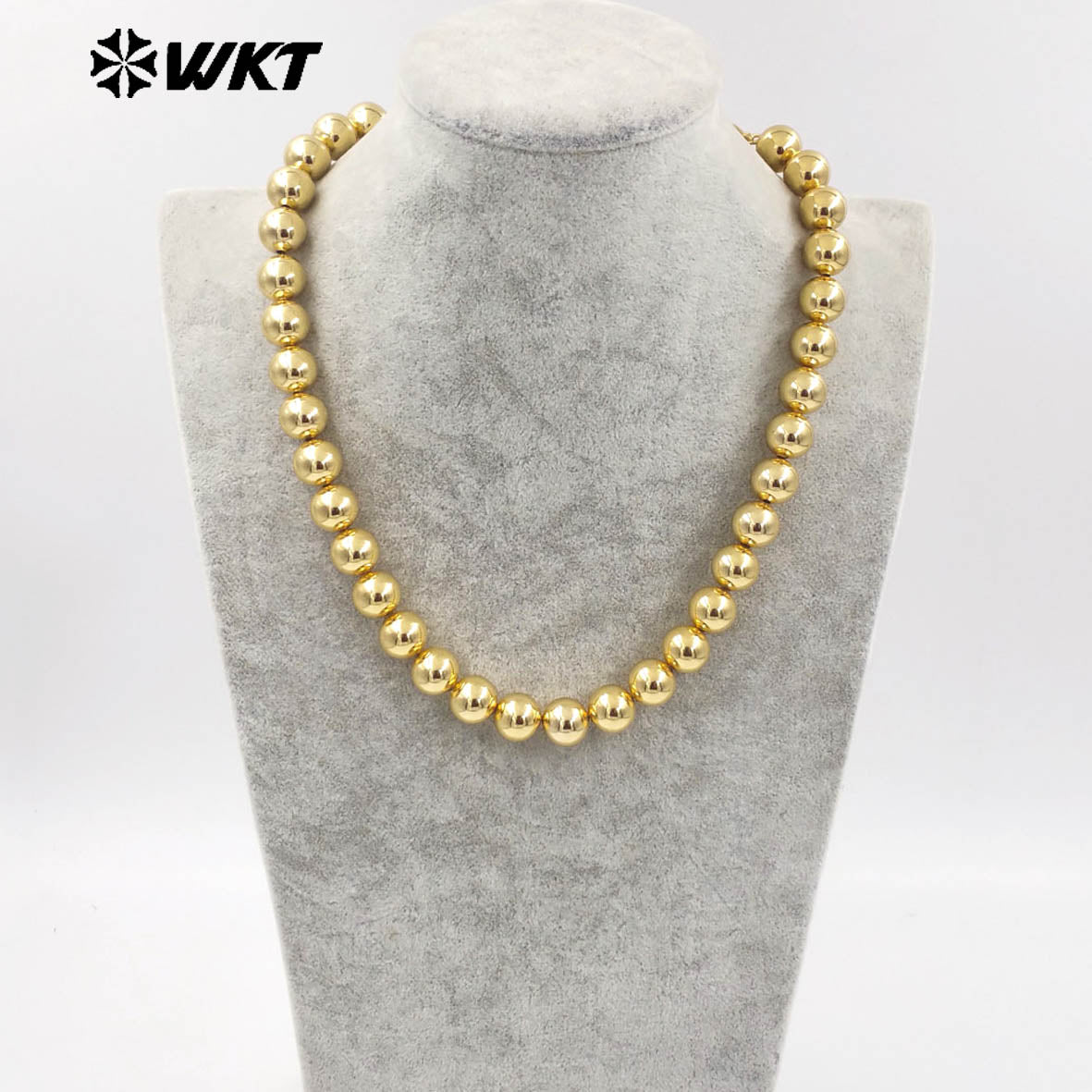 WT-JFN14 Fashionable 18K Real Gold Plated Round Big Brass Beads Hand Strand Chain Necklace 10 and 12MM Available