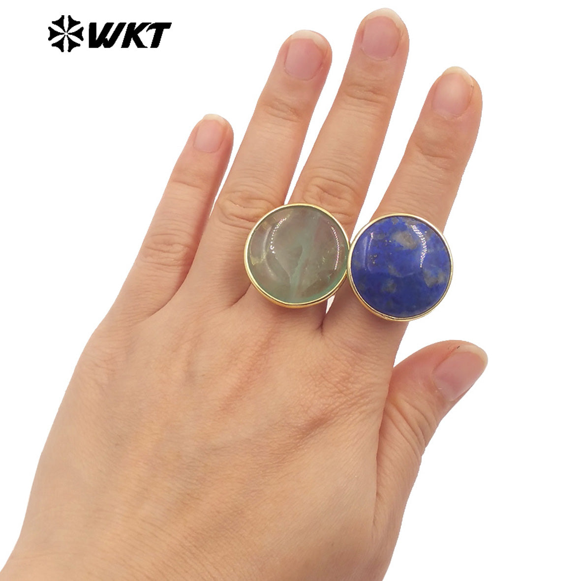 WT-R513 Wholesale New 18k Gold Plated Bezel Setting Natural Big Round Gemstone Lapis Birthday Stone Ring