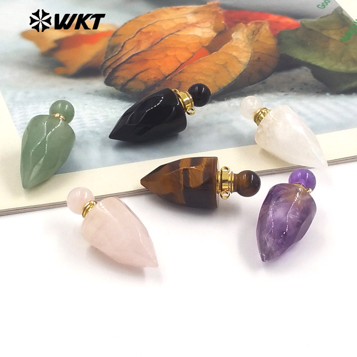 WT-P1979 New Design Fashion Gold Plated Faceted Natural Gemstone Carved Bullet Point Perfume Bottle Pendant for Necklace