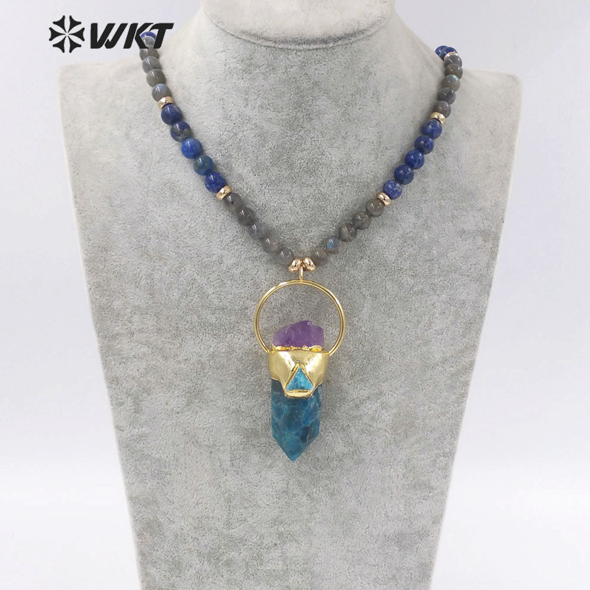 WT-N1337 WKT Powerful Energy Cylinder Shape Blue Apatite Amazonite Mix With Amethyst Long Beads Necklace Gemstones Beads Chain