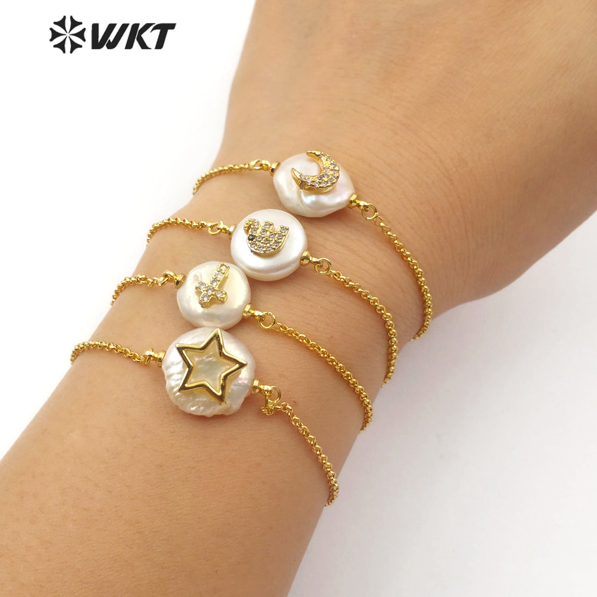 WT-MB112 New Arrival Pearl Gold Bracelet CZ Pave Star and Elephant or Moon Pattern Women Fashion Charm Bracelet