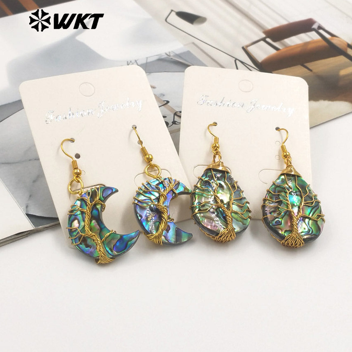 WT-MPE160 New Arrival Natural Abalone Shell Women Earrings in Water Drop Moon Shape Gold Plated Wrapping Wire Vintage Jewelry