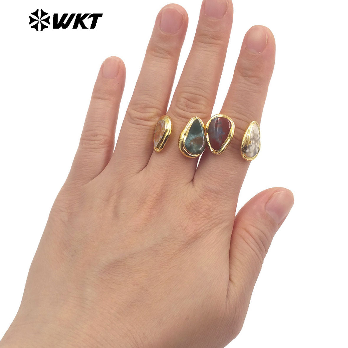 WT-R567 New Arrival 18K Gold Plated Teardrop Shape Stone Ocean Jasper Ring Adjustable Size Fine Party Jewelry Accessory