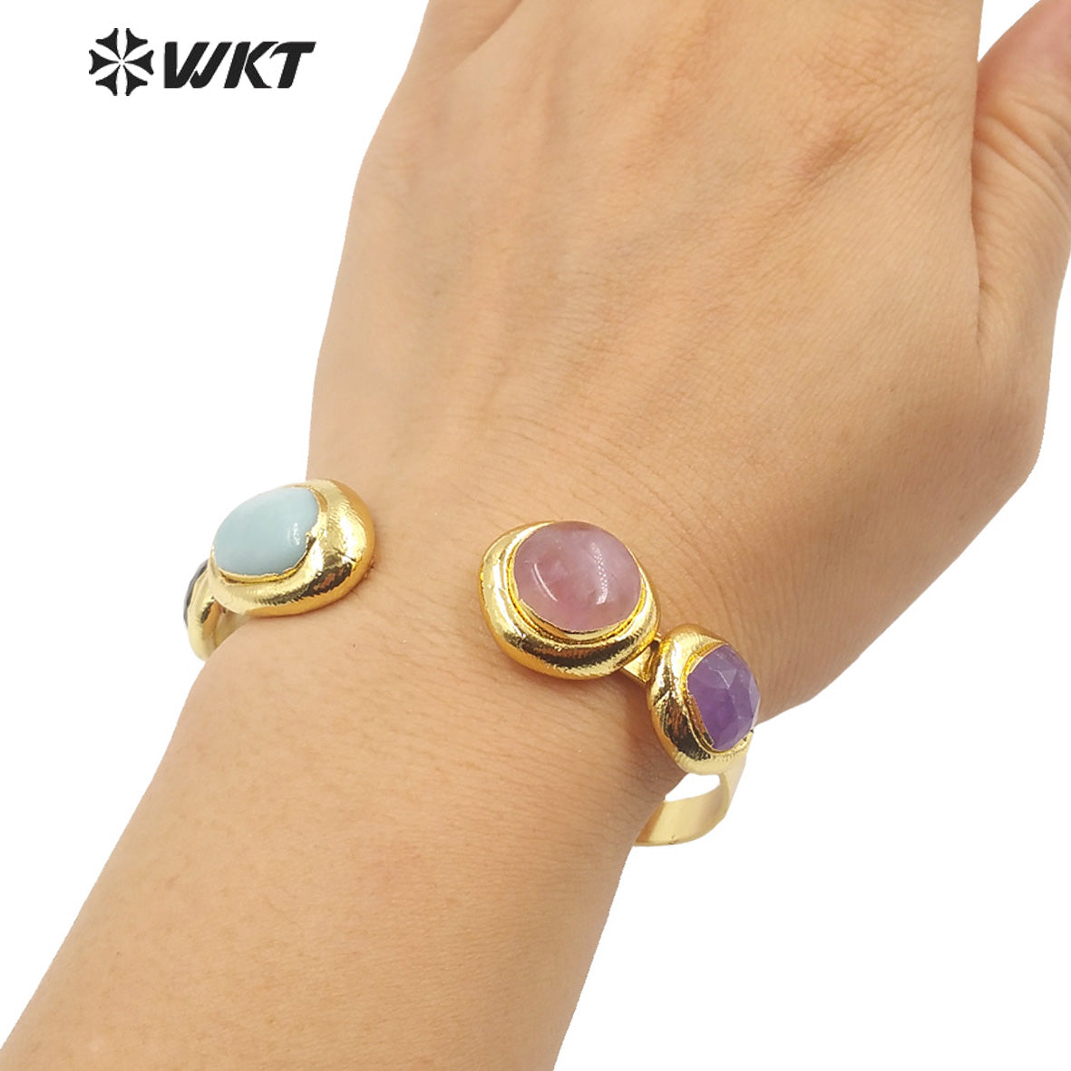 WT-B592 WKT 2022 Fashion Jewelry Sun Stone Amethyst Black Obsidian Adjustable Gold Bangle Natural Triple Stone Bangle