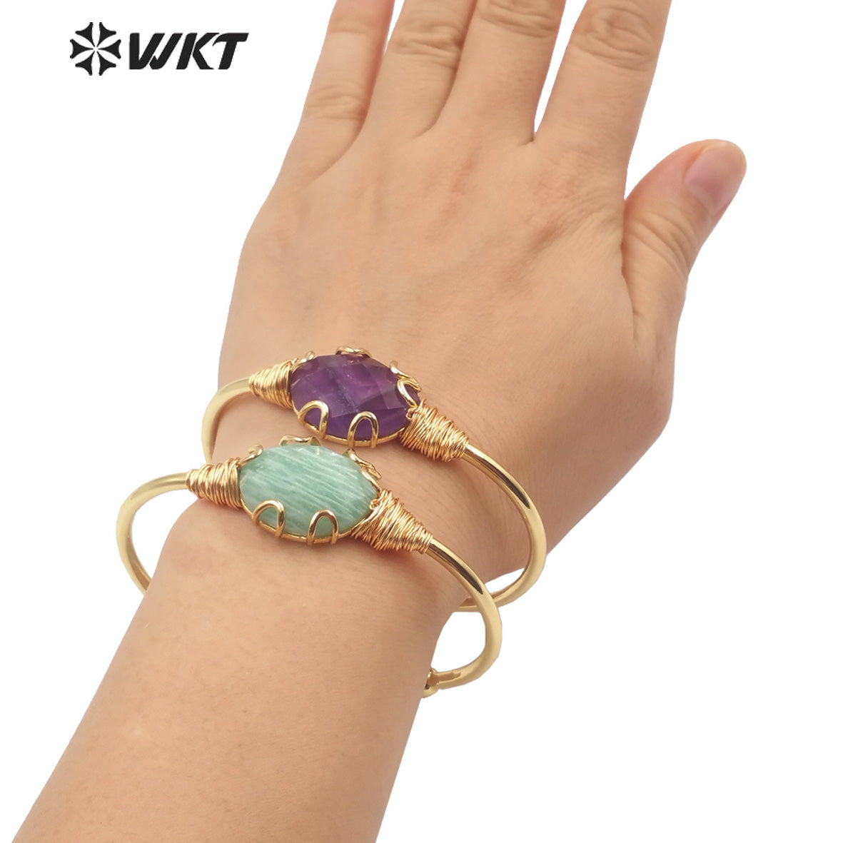 WT-B644 WKT Lovely Fashion Design Trendy Gift for Women Gemstone 18k Plating C Shaped Natural Colorful Gemstone Bracelets