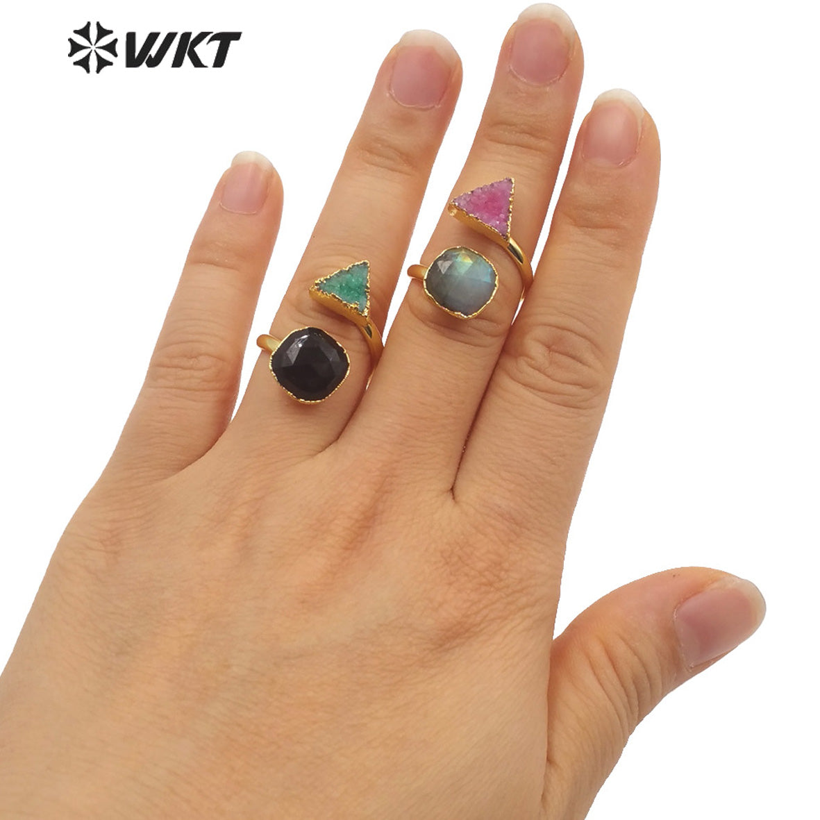 WT-R373 Gorgeous 18k Real Gold Plated Double Druzy Stone Ring Women 10mm Gemstone Gold Ring for Party Elegant Druzy Ring