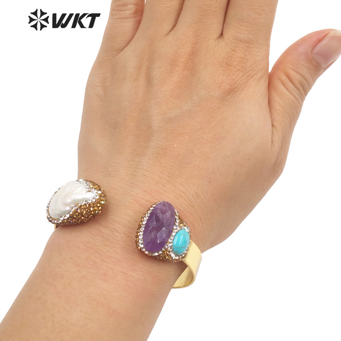 WT-MPB088 WKT Amazing Gorgeous Double Stone Bangle 18k Gold Plated Natural Sun Stone Amazonite Pearl Bangle in Adjustable