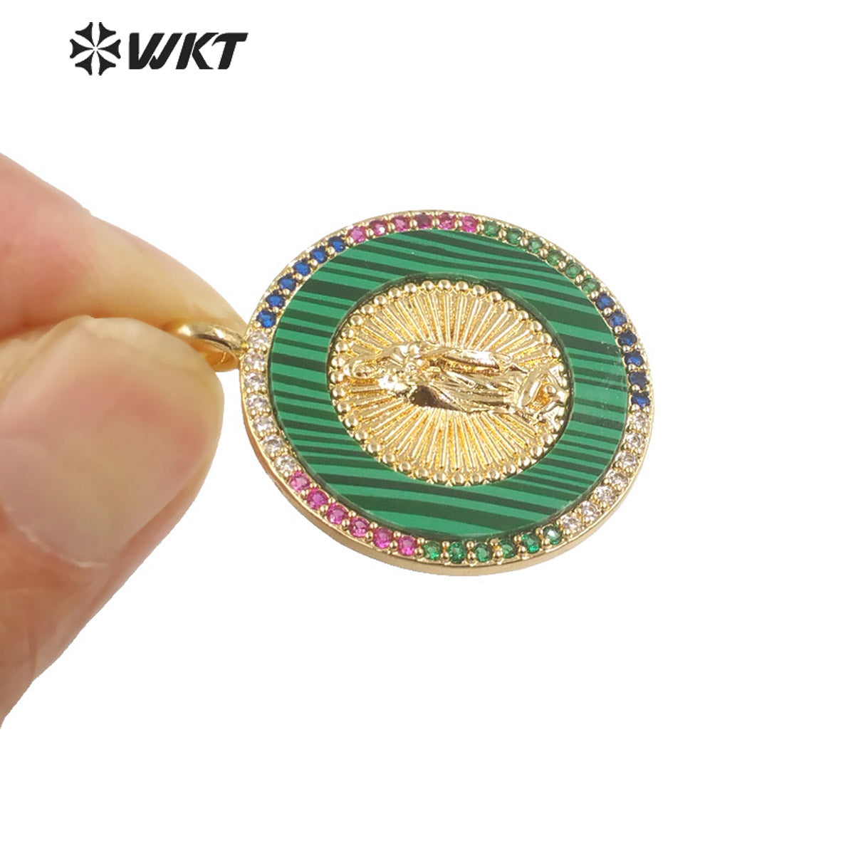 WT-MP272 Newest Vintage Style Ball Shaped Natural Malachite Stone &Cubic Zircon Madonna Design Pendant