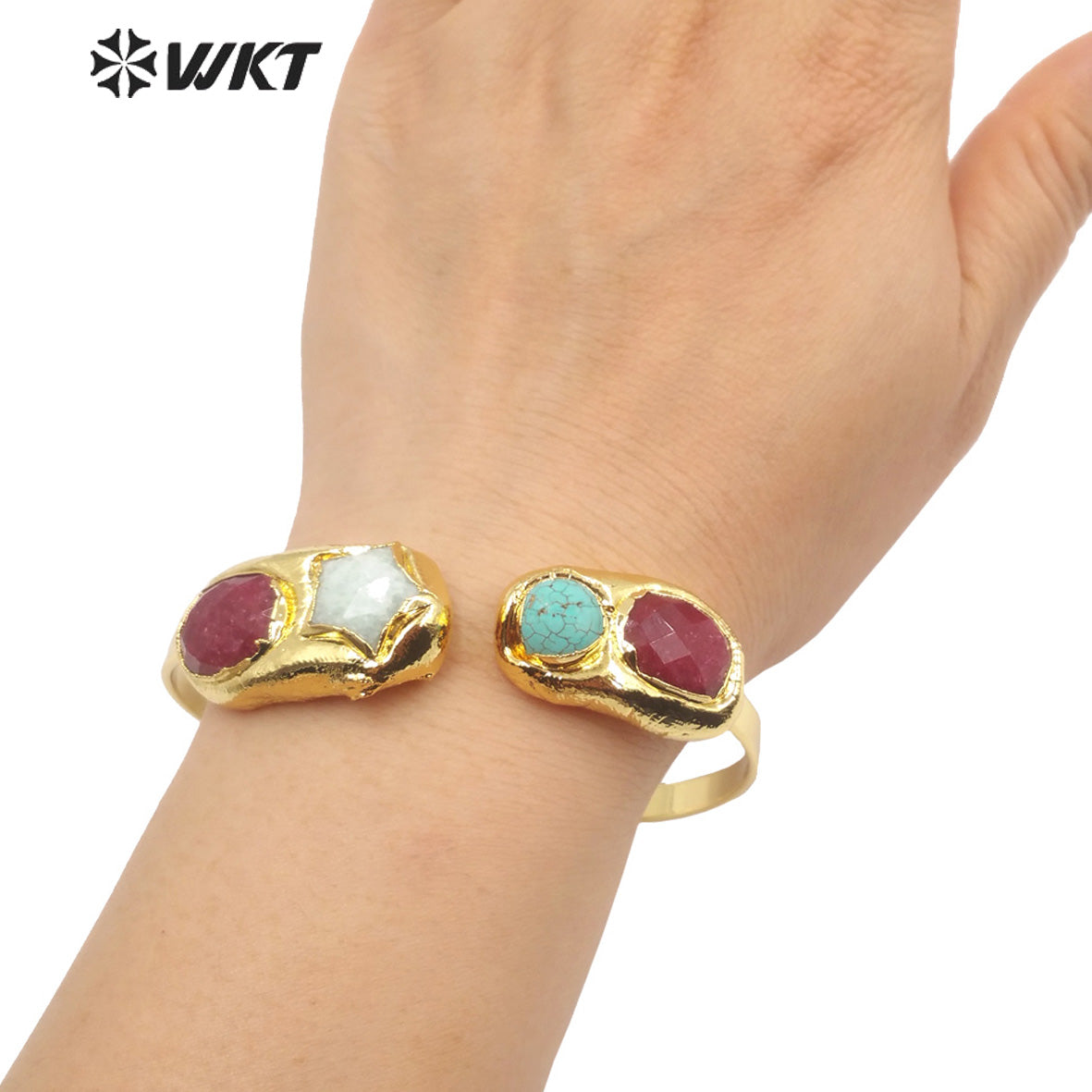 WT-B601 Natural Gemstone Bangles Star Ball Gemstone Earth Star 18k Real Gold Plated Precious Bangles Natural Gemstone Bangles