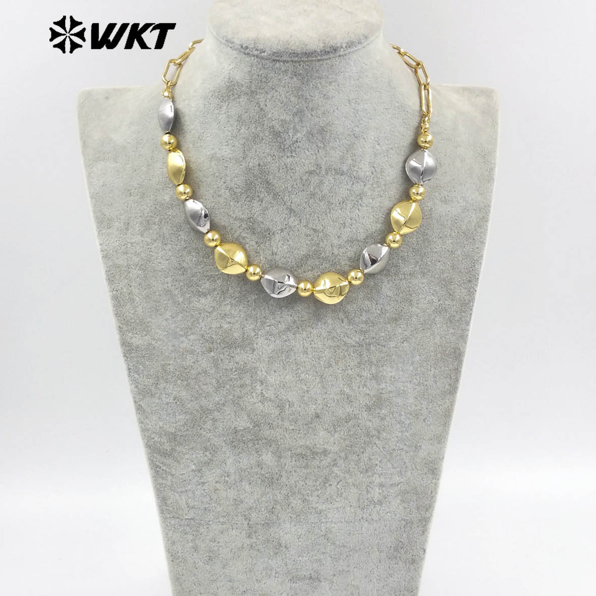 WT-JFN28 New Natural Brass 18K Gold Plated and Silver Irregular Diamond Shaped Flat Bead Necklace for Women As Daily Decoration