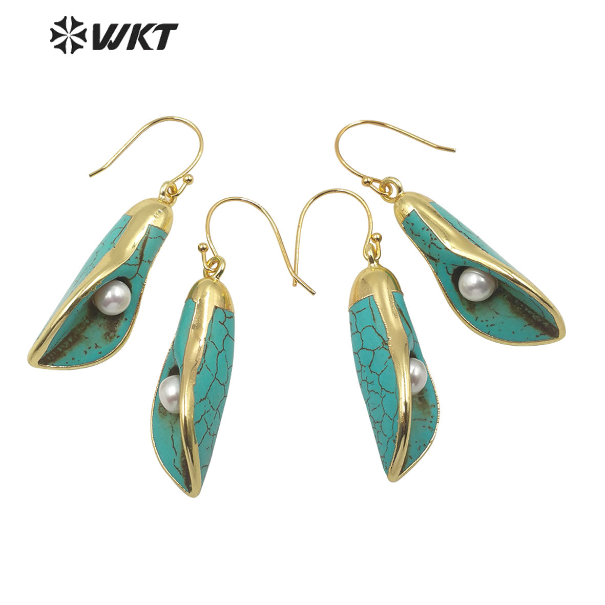 WT-E605 Fashion Natural Turquoise Earring With Pearl Charm Speaker Shape Flower Earring Turquoise Hoop Earrings