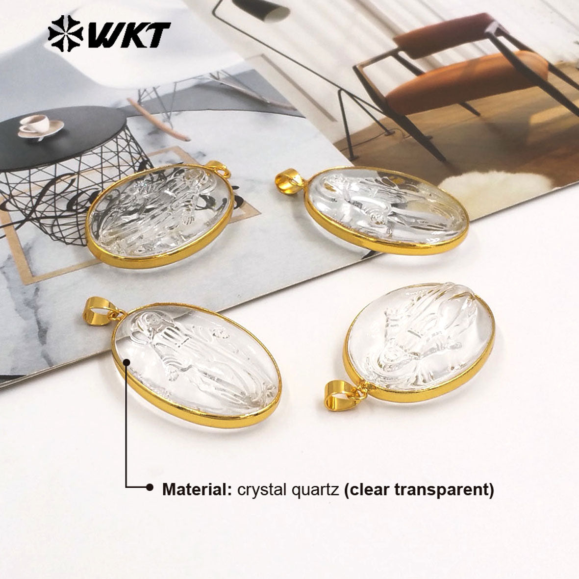 WT-JP427 New Sales Gold Plated Oval Shape Natural Crystal Quartz Stone Hand Carved Figure Clear Pendant For Necklace DIY