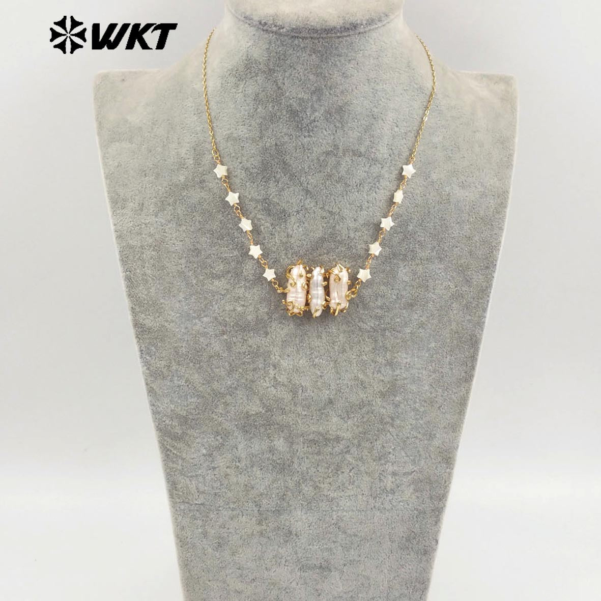 WT-JN302 Wholesale Popular Exquisite 18K Gold Plated Star Beads Inlaid Oval Large Pearl Necklace for Girl As Anniversary Gift