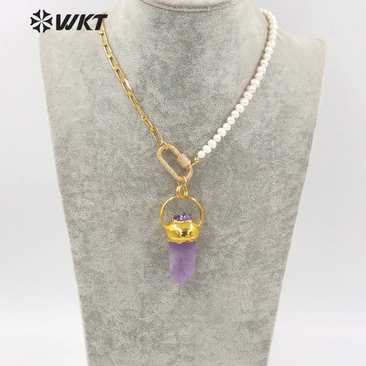 WT-N1303 Wholesale 18k Real Gold Plated Gorgeous Natural Amethyst Stone Necklace in 16 Inch Women Pearl Chain Stone Necklace