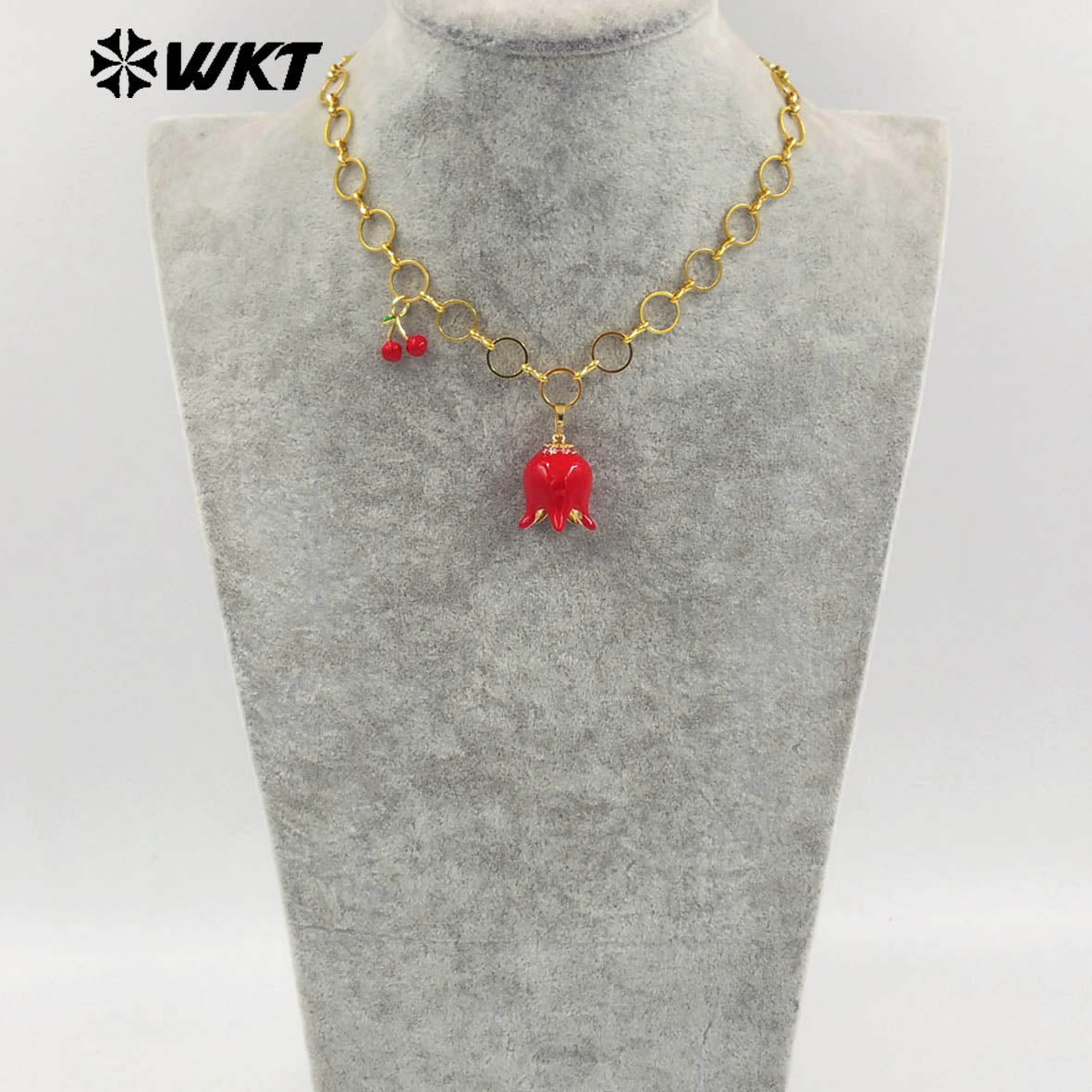 WT-JFN39 Fashion Romantic Style Women Necklace With Flower And Cherry Charms Round Gold Plated Chain High Quality Jewelry