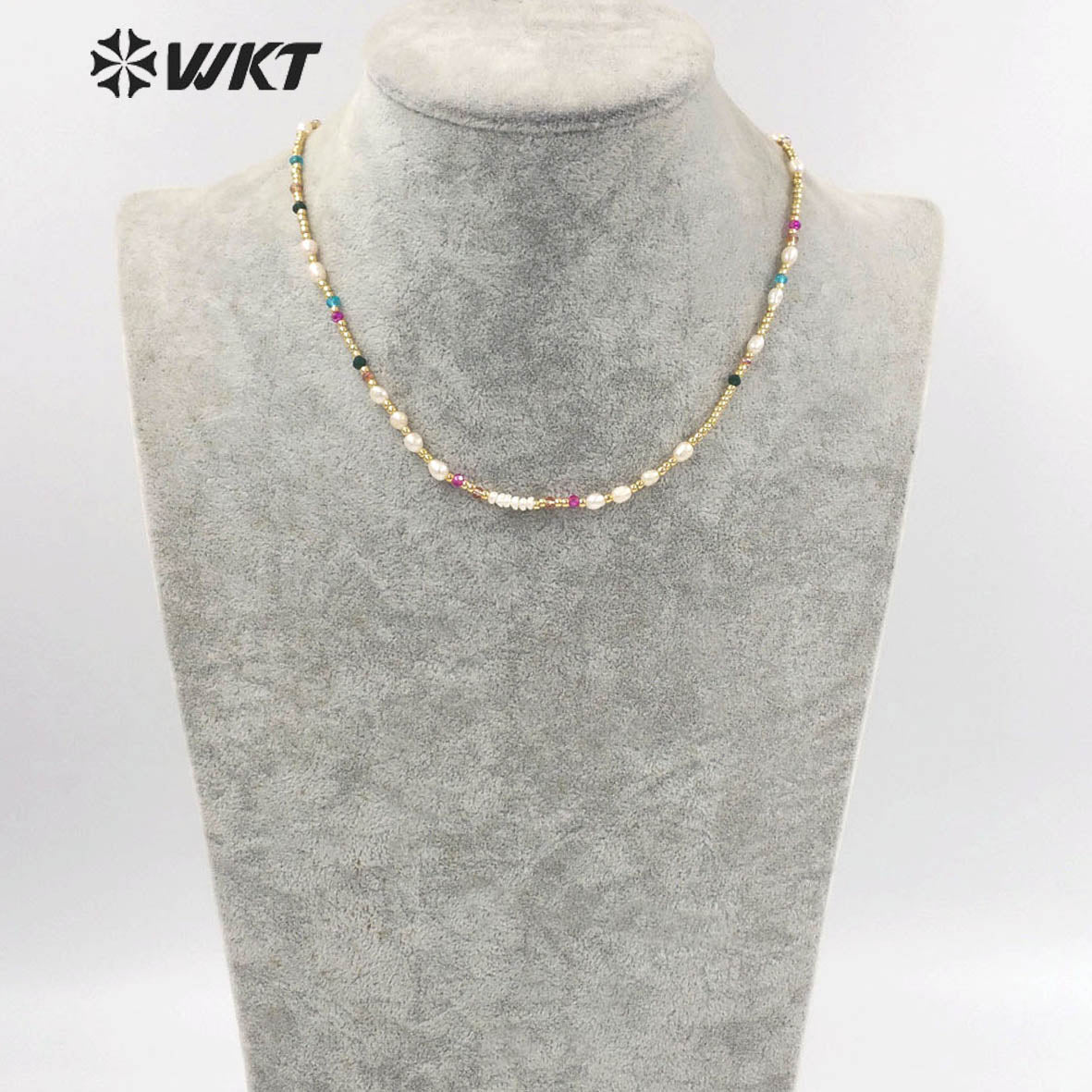 WT-JN222 INS HOT Trendy Colorful Tiny Stone Beads Necklace 16inch Elegant Lady Pearl Gold Beads Choker Necklace for Gift