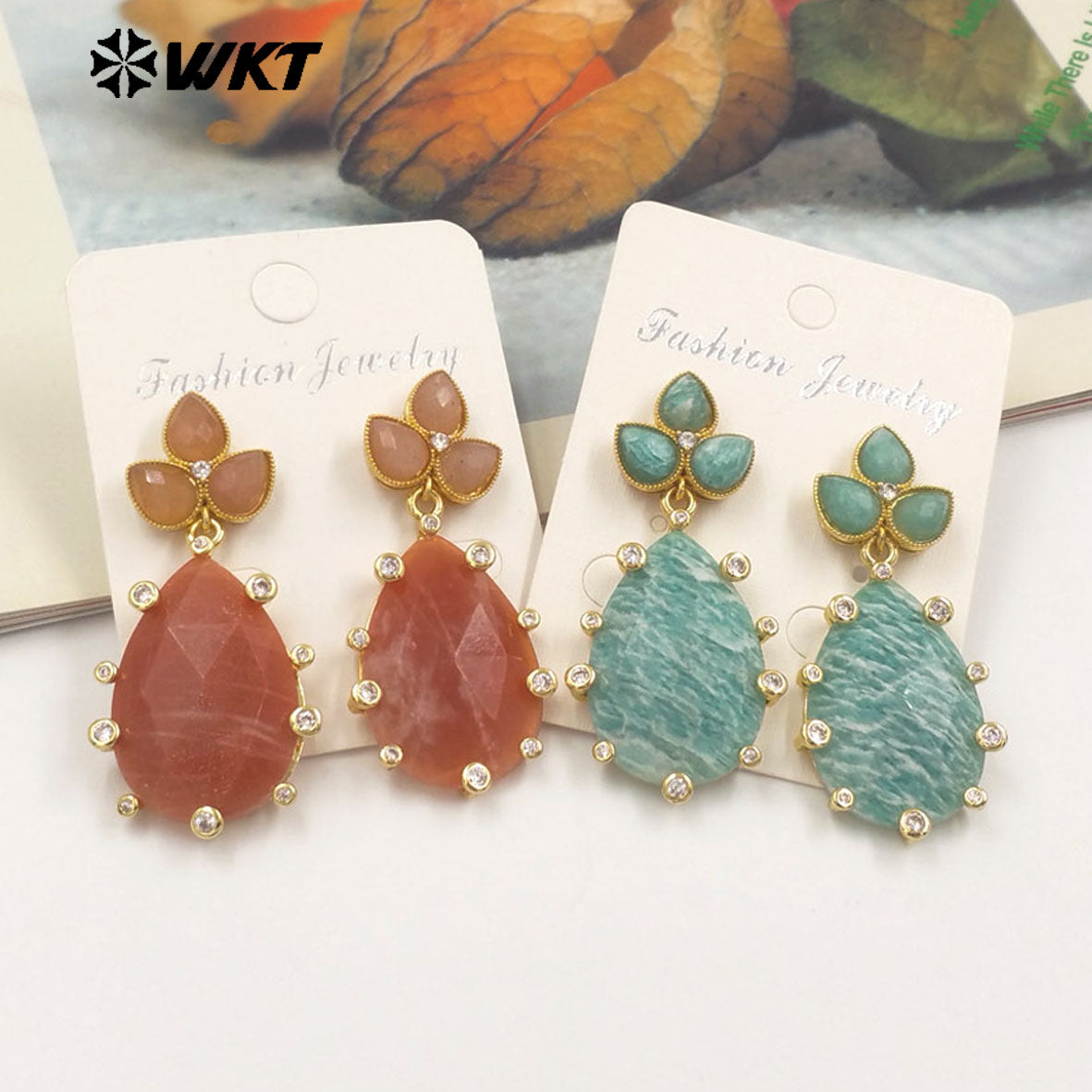WT-E756 Gorgeous Precious Natural Amazonite Amethyst Gemstone Carved Long Teardrop Earrings With Zircon Around Trend Style