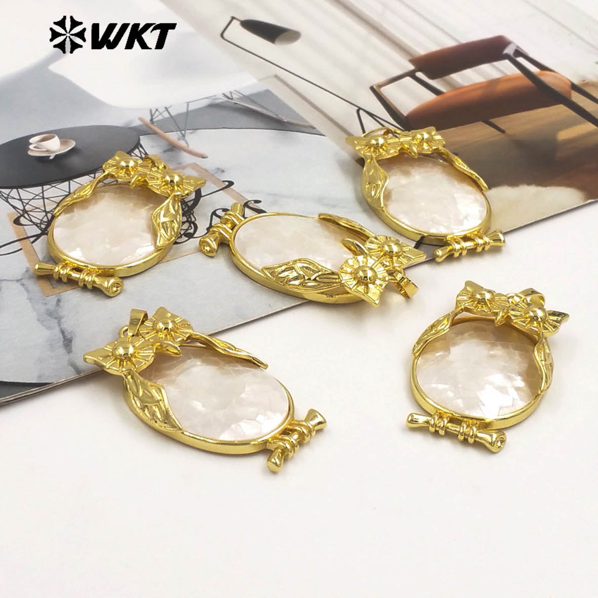 WT-JP439 Newest Lovely Gold Electroplated Natural Shell Owl Shape Boutique Pendant For Unique Jewelry DIY Accessories