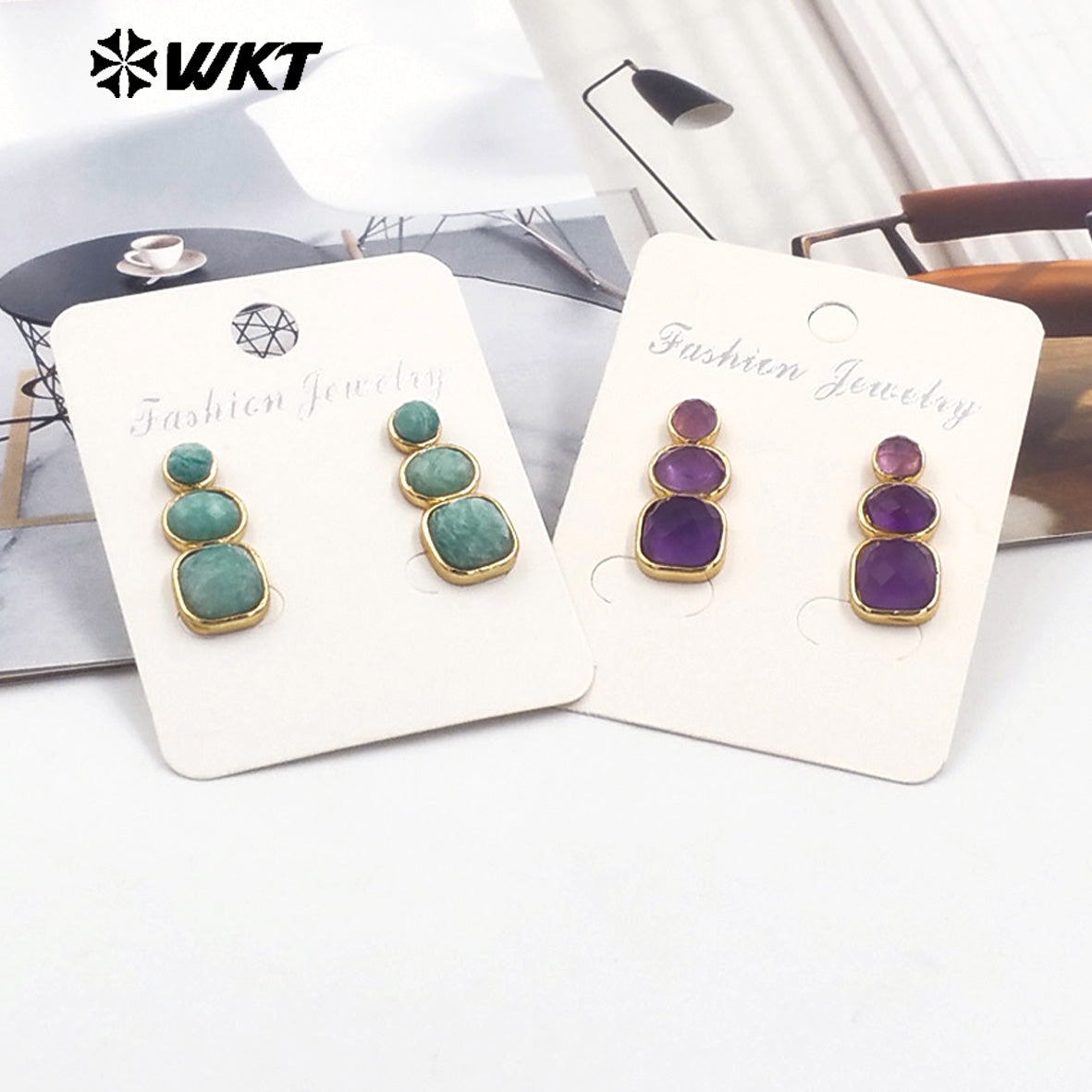 WT-E754 WKT Precious Triple Stone Assemble Handmade Setting Natural Amethyst Lapis Long Dangle Geometric Lady Earrings
