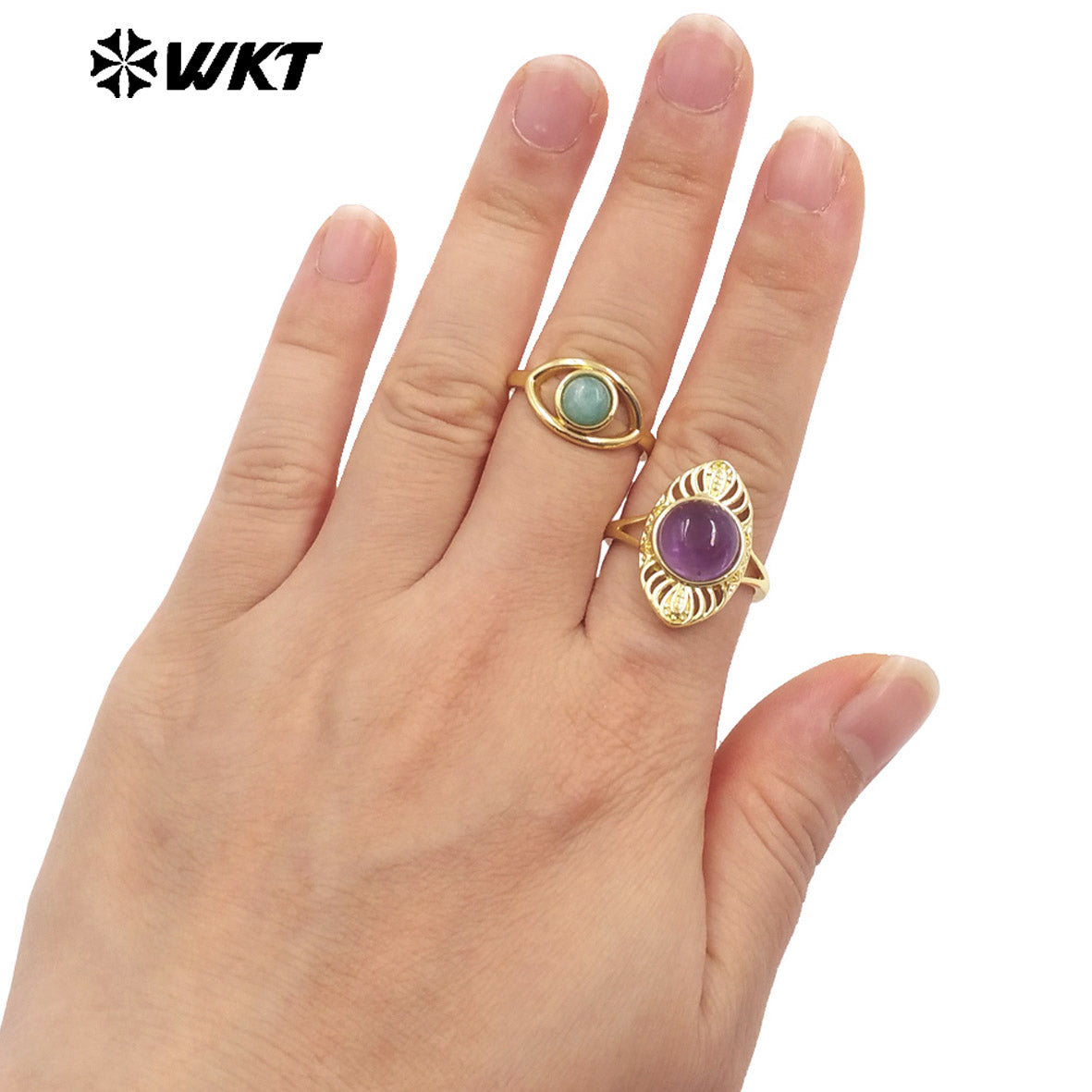 WT-R538 Wholesale Fashion Gold Plated Charming Eye Shape With Natural Amazonite Gemstone Party Ring in Adjustable Size