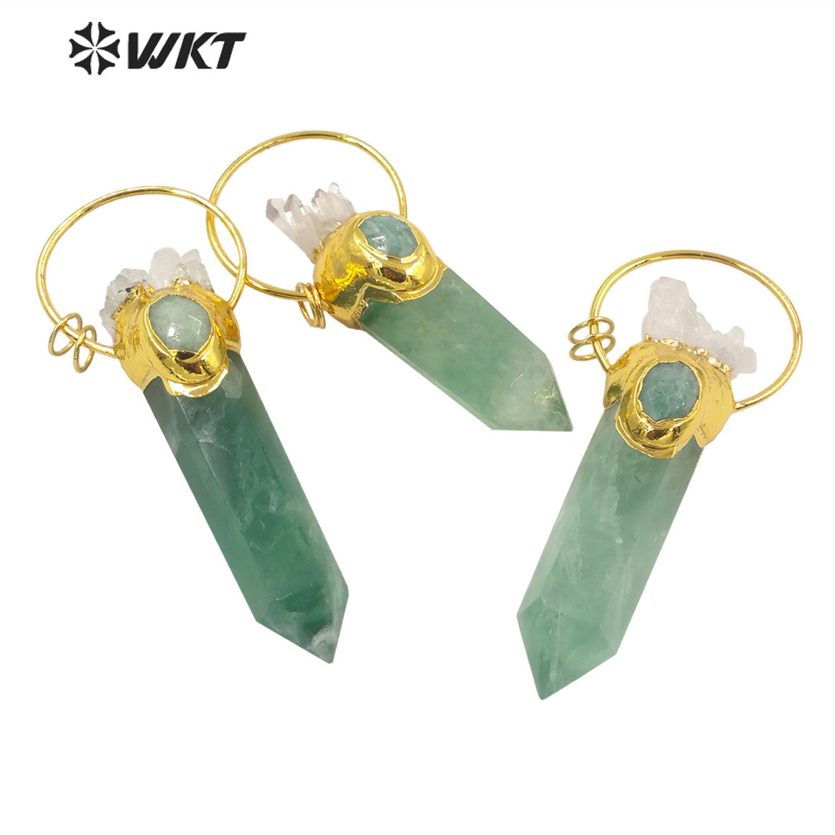 WT-P1677 Wholesale 18k Gold Plated Natural Green Aventurine Stone Pendant Women Big Gorgeous Quartz Point Pendant for Necklace