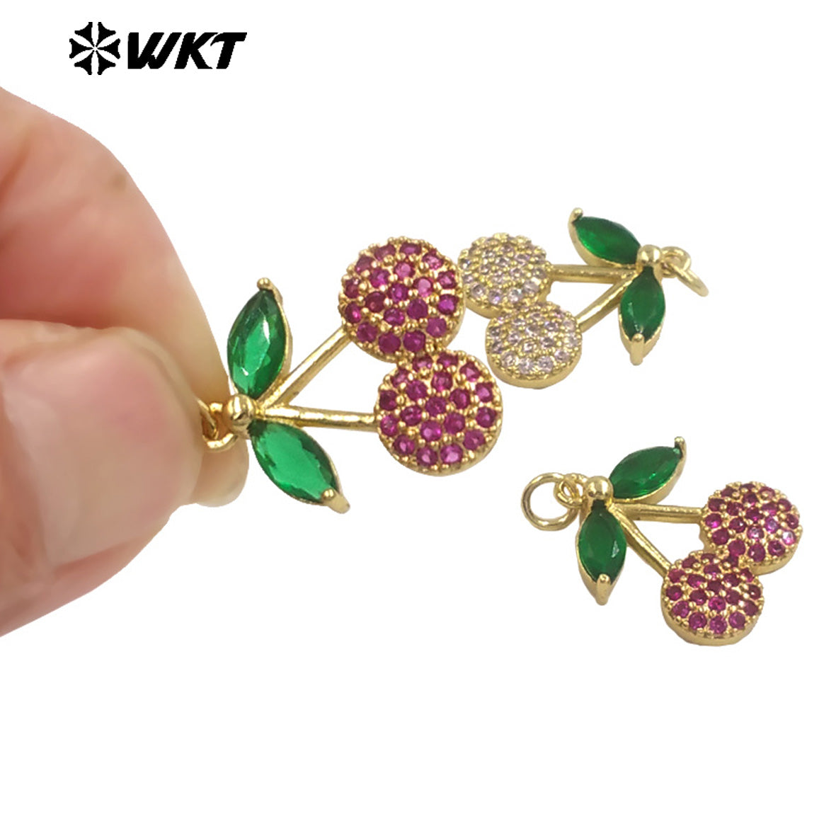 JFE156 High Quality Fruit Series Double Cherries Charm Pendant Yellow Brass With Drop Oil White And Purple Color Finding