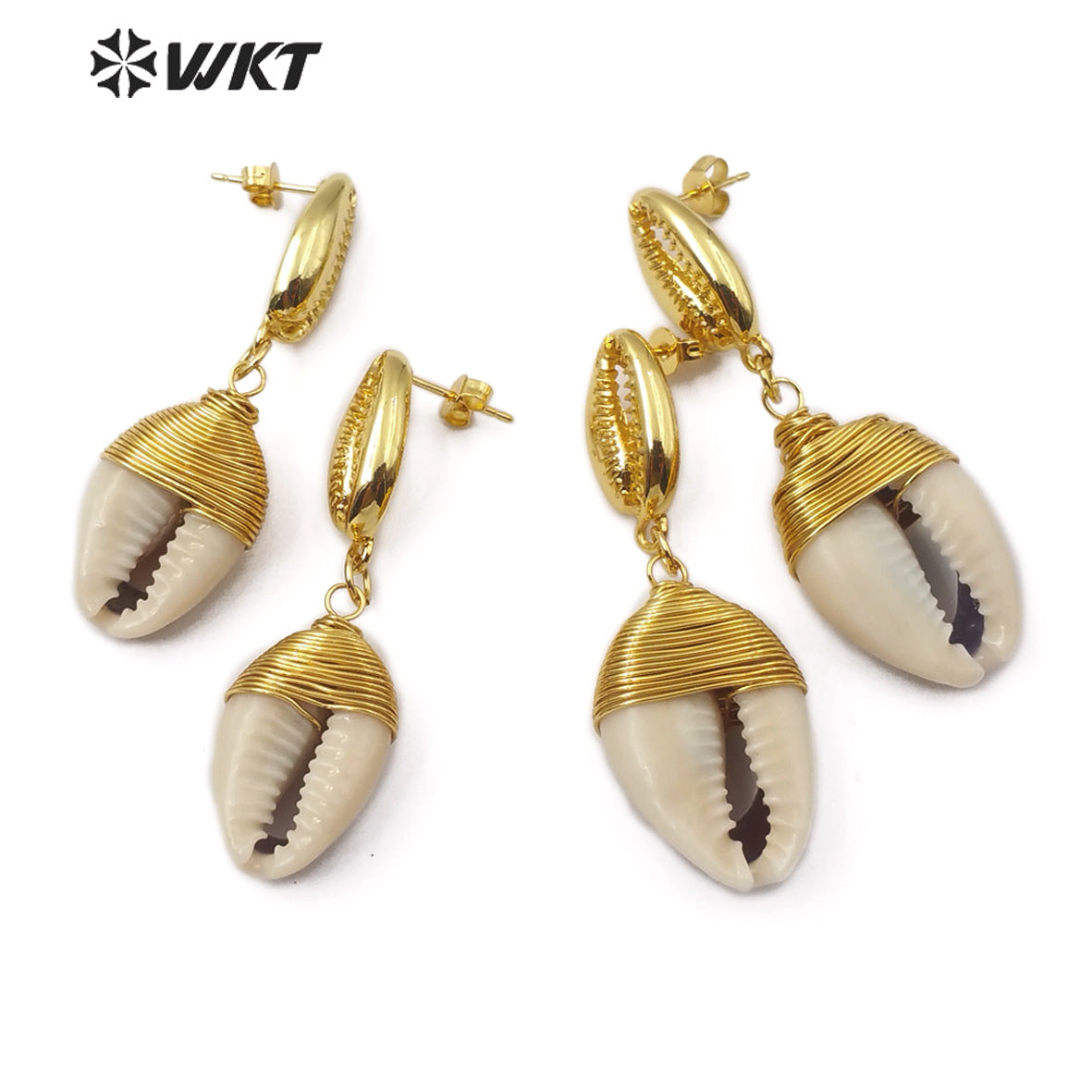 WT-E575 Wholesale Natural Cowrie Earring With Gold Electroplated Wire Wrapping Fashion Women Charm Cowrie Earring