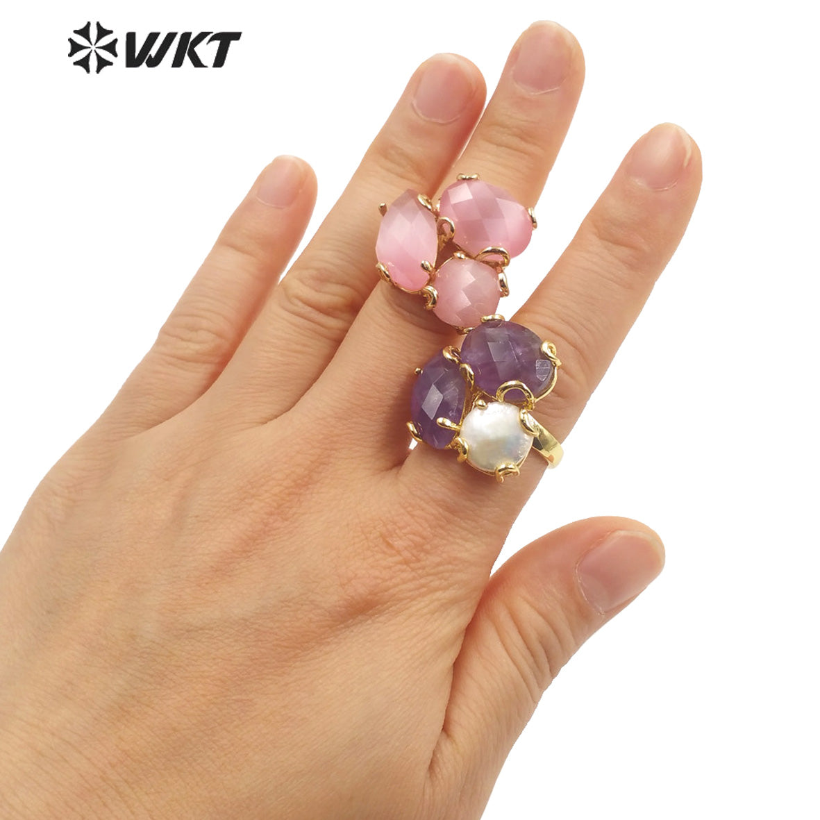 WT-R420 Europe Court style colorful Cat Eye stone Ring 18k real gold plated triple stone Flower Ring with Prong setting