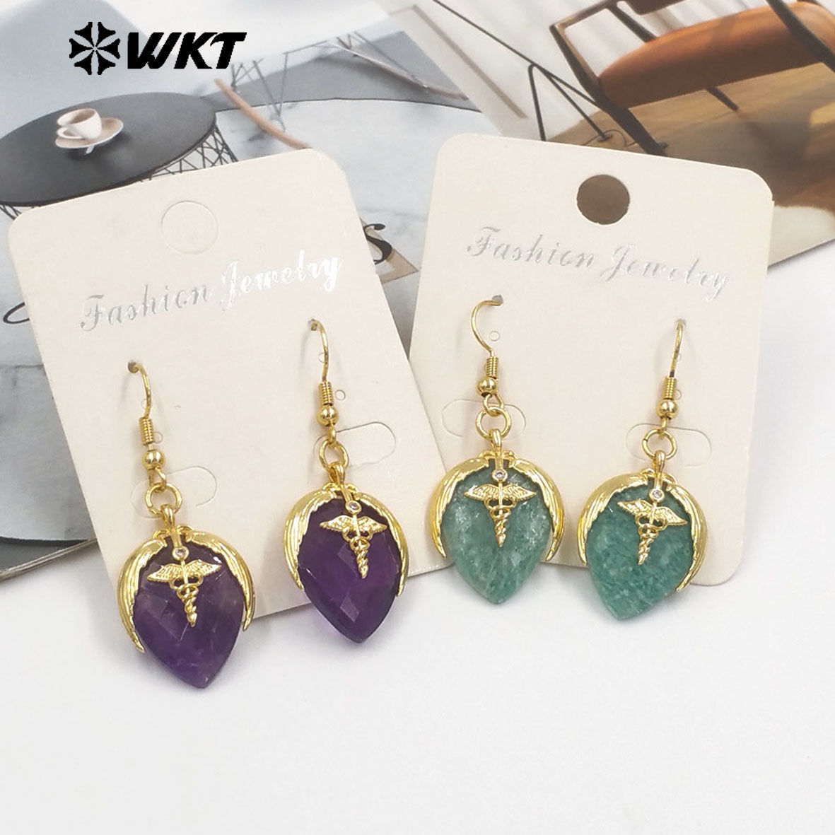 WT-E788 Exquisite Rose Quartz Multi Natural Gemstones Strawberry Shape Gold Plated Earrings For Women Lovely Jewelry Gift