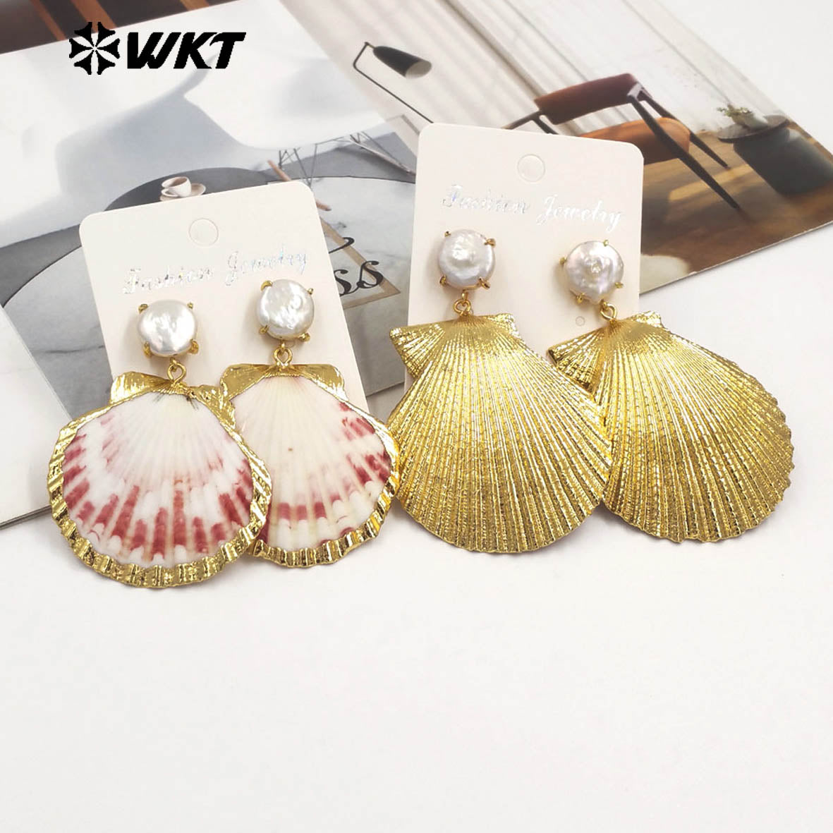 WT-MPE164 Popular Sales Ladies 18K Gold Natural Scallop Shell And Pearl Earrings For Summer Beach Vacation Jewelry Accessory
