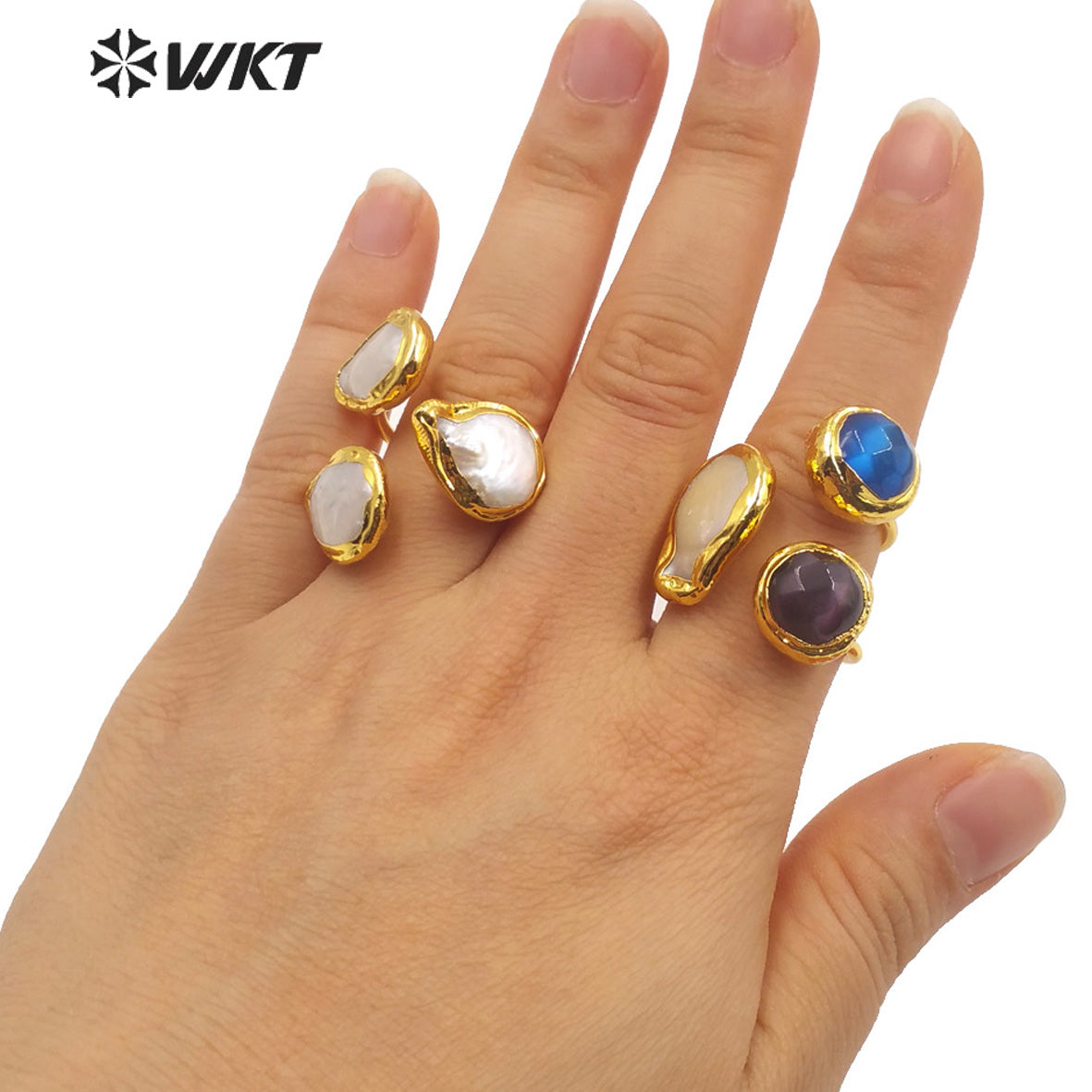 WT-R372 Newest Triple Stone Pearl Women Ring Gold Electroplated Stone Ring Fashion Adjustable Cat Eye Stone Anneversary Ring