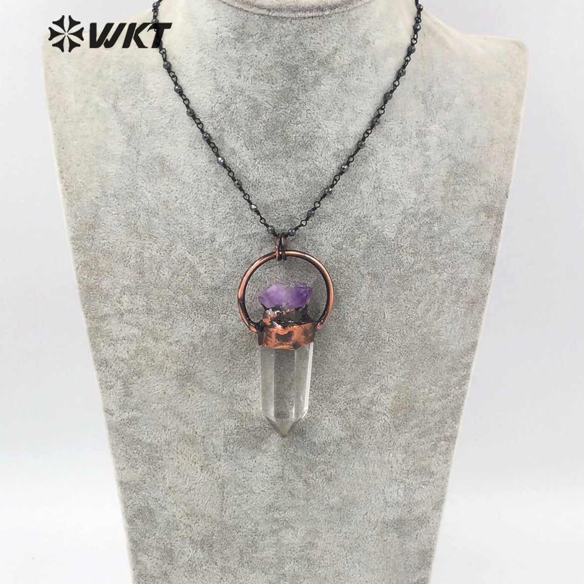 WT-N1263 Women Antique Copper Plated Crystal Quartz with Amethyst Necklace Boho Vintage Natural Quartz Point Necklace