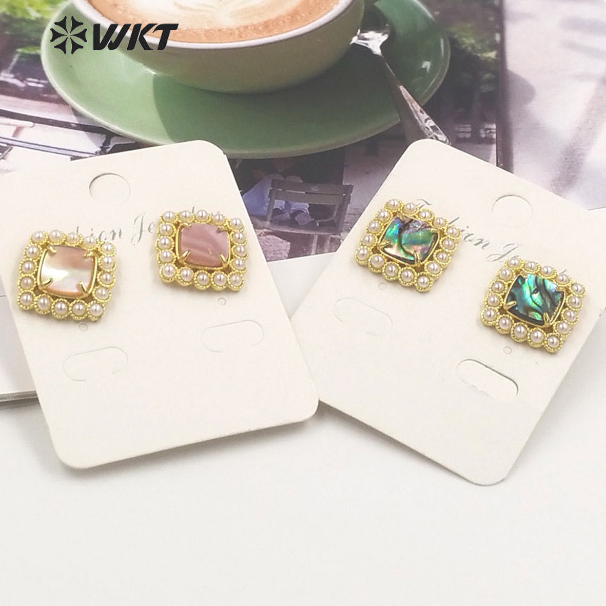 WT-MPE119 Latest Design Fashion Square Shape Claw Setting With Natural Shell Inner Gold Plated Women Studs