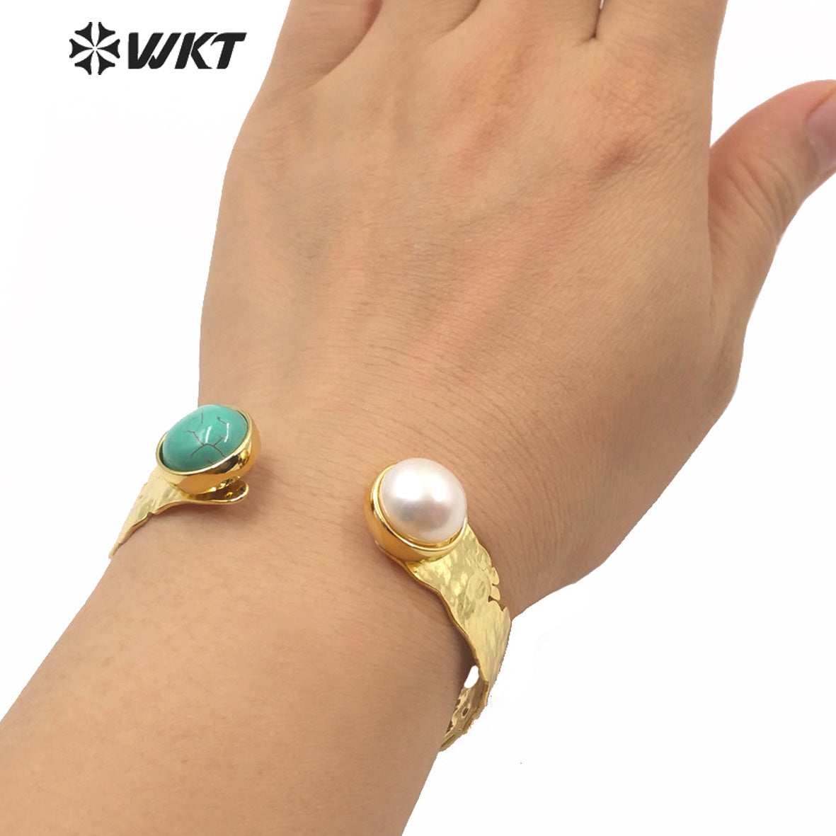 MPB019 WKT Exclusive Gold Electroplated Double Stone Bangle Irregular Hot Sales Chunky Brass Bangle With Two Sone Gift Bangle