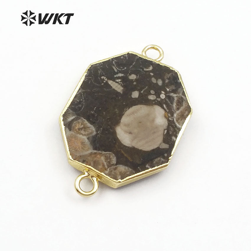 WT-C261 Gold Bezel Pendant Polygon Stone Chakra Collection for Women Jewelry Making Natural Ocean jasper Stone Connectors