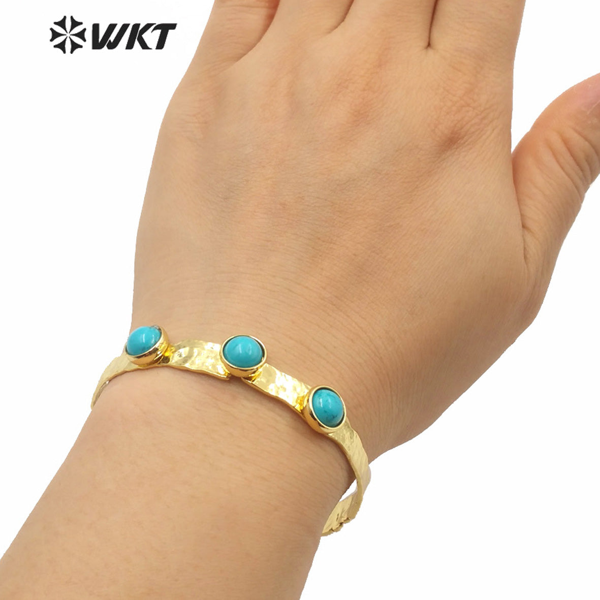 WT-B553 WKT Exclusive Design Triple Stone Bangle Women Gold Electroplated Adjustable Triple Turquoise Stone Cuff Bangle