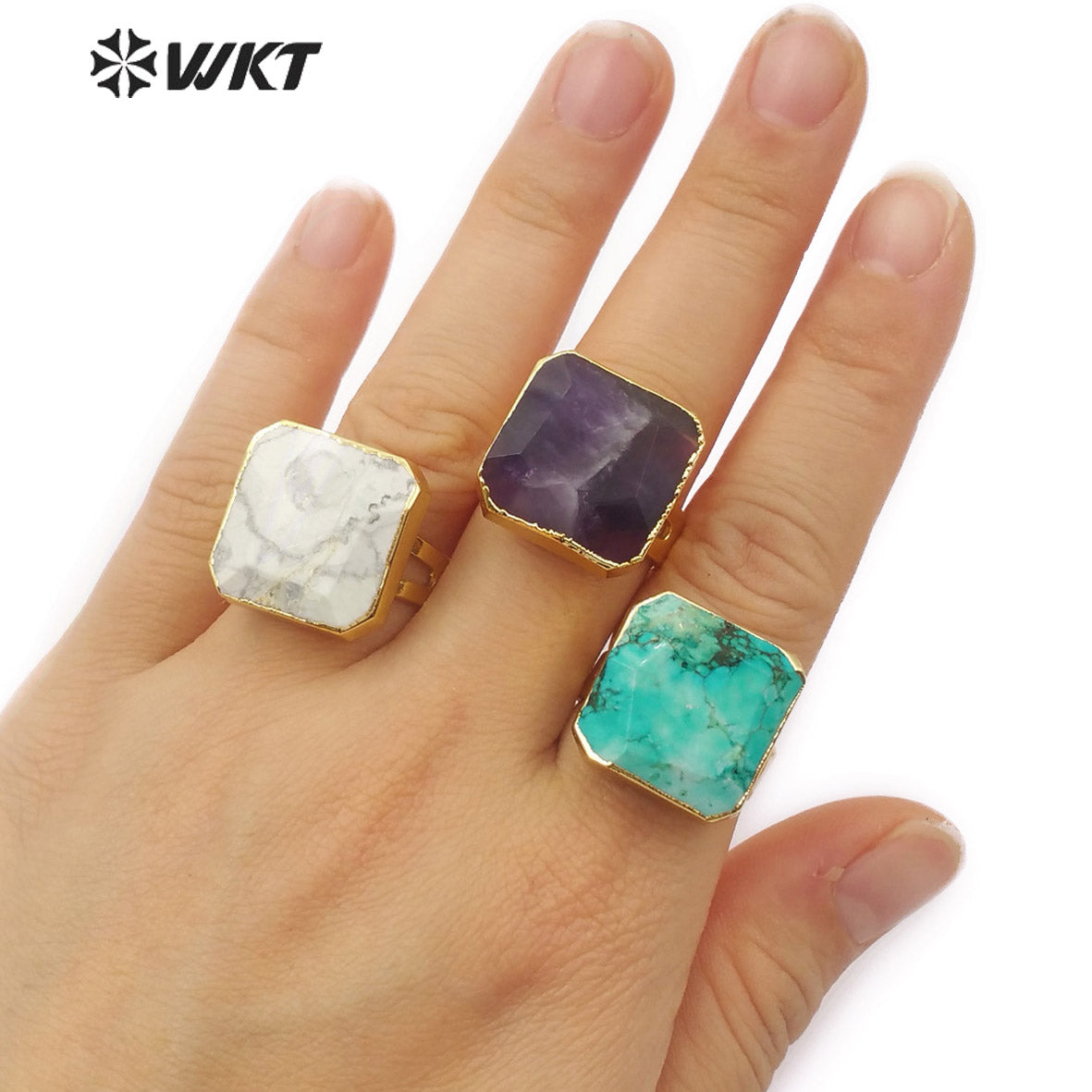 WT-R216 Natural Multi Color Gemstone Gold Electroplated Ring Fashion Adjustable Turquoise Single Stone Ring