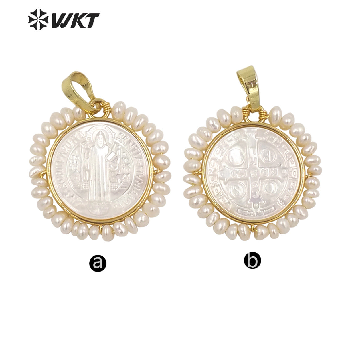 WT-JP257 Wholesale Handmade Wire Wrapped with Pearl Our Blessed Joseph of Cupertino Jewelry Pendant Gold Savior Cross Pendant