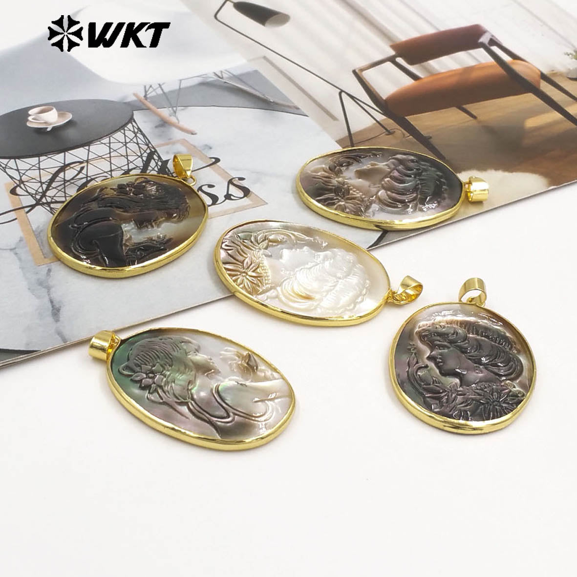WT-JP426 High Quality Natural Shell Gold Plated Hand Carved Lady Head Pattern Pendant Women Vintage Style Accessories