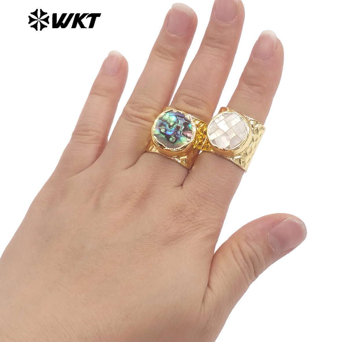 WT-MPR138 Newest Open Size Multi Colors 18K Gold Electroplated Round Crackle Natural Shell Rings For Party Wearing Jewelry
