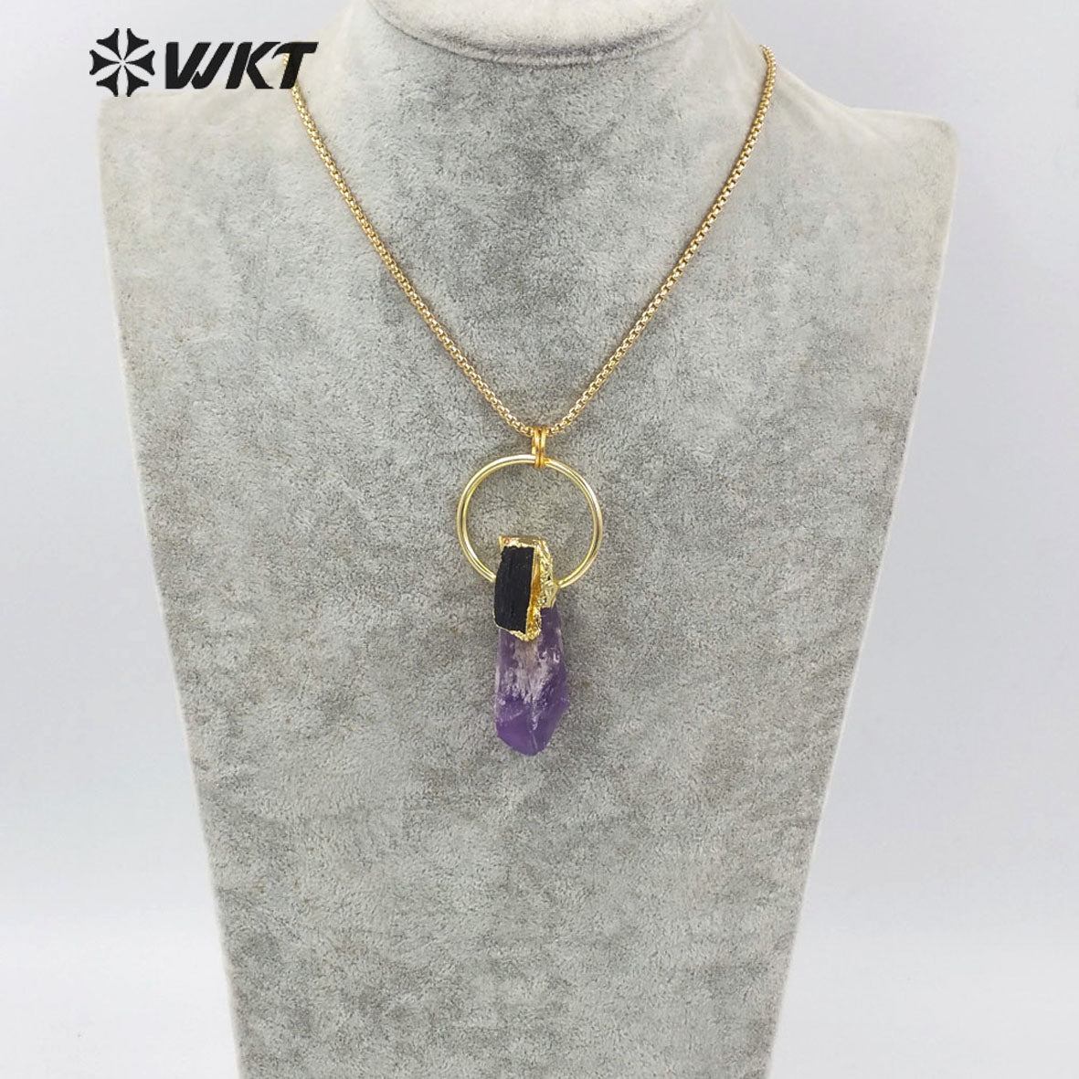 WT-N1266 Gorgeous New Big Amethyst Point Energy Stone Necklace Lady Lucky Stone Necklace With Gold Plated in 18 Inch Long