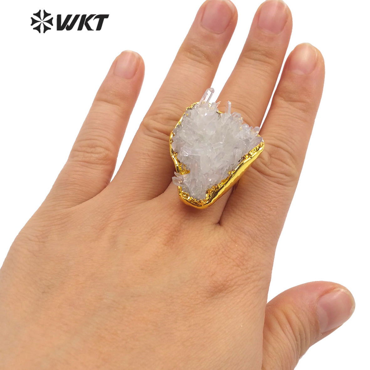 WT-R404 High Quality Natural White Cluster Quartz Pendant with 18k Real Gold Plated Snow Adjustable Ring Women Quartz Ring
