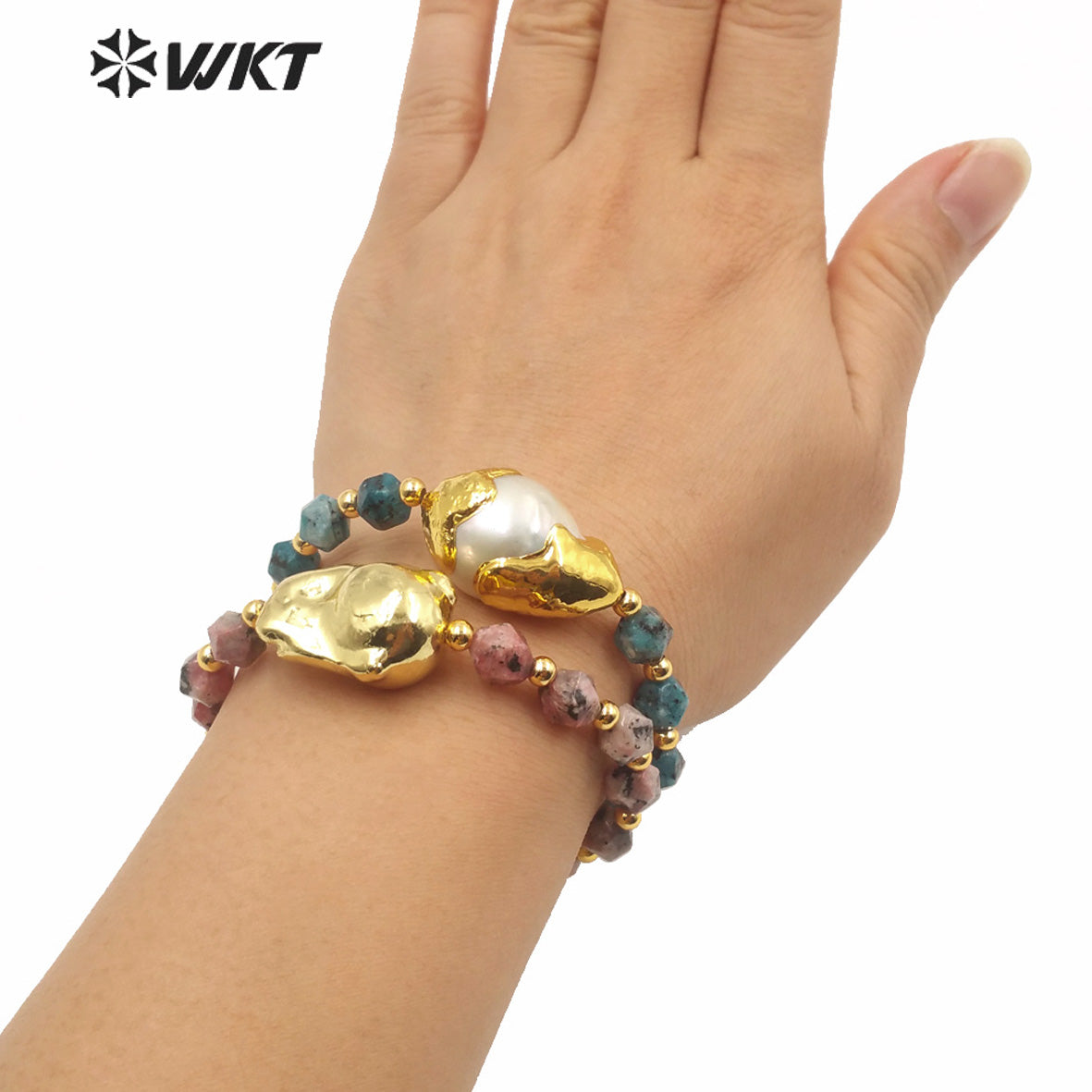 WT-MPB024 Wholesale Gold Electroplated Stone Beads Bracelet Full Gold Dipped Baroque Pearl Stone Bracelet for Women