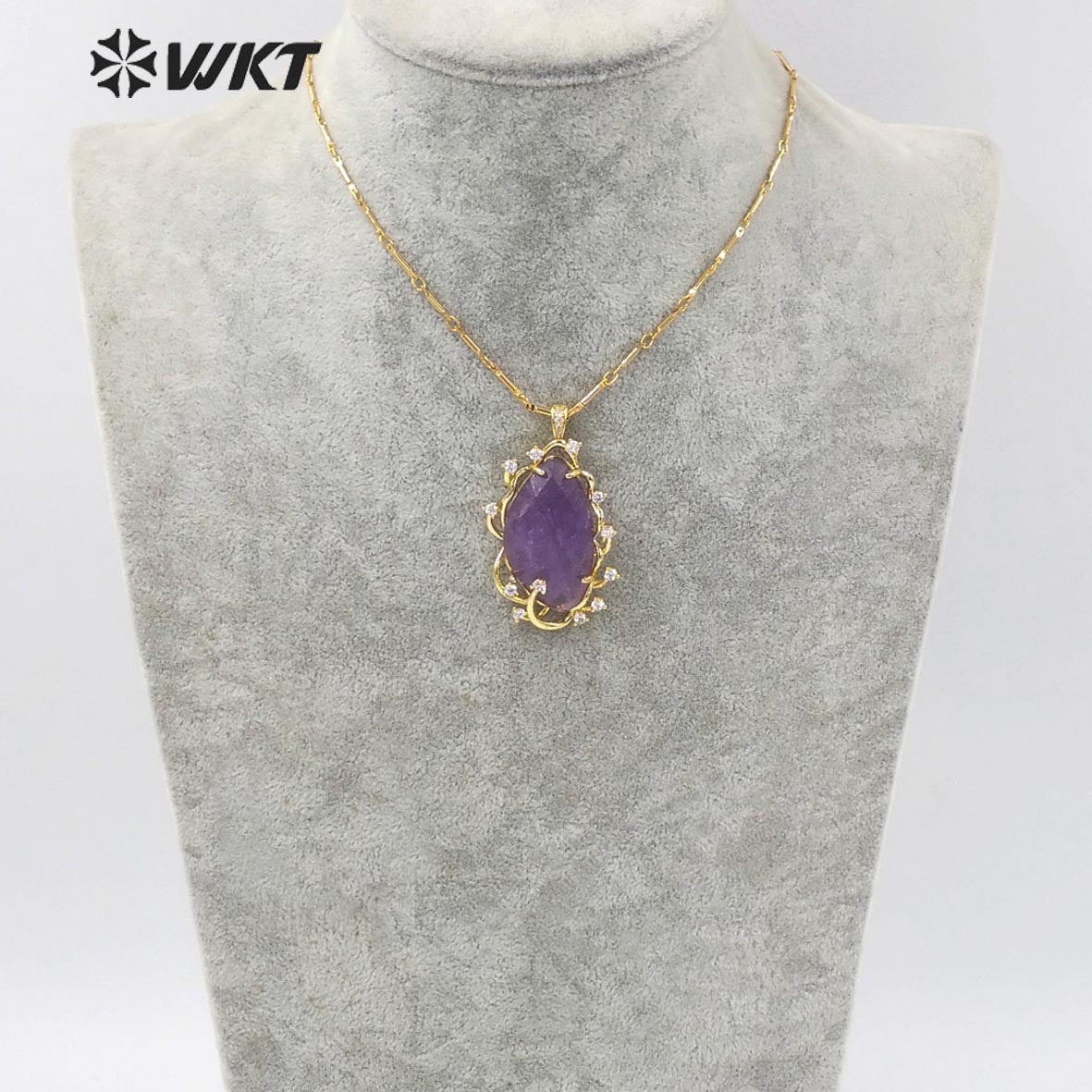 WT-N1351 Wholesale Fashion Gold Plated Natural Gemstone Bezel Setting Pendant Necklace Women Gorgeous Micro Pave Stone Necklace
