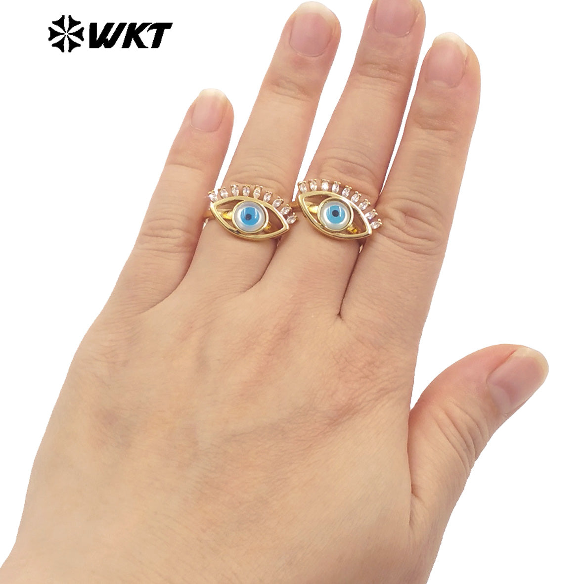 WT-MPR103 Newest Fashion Micropave Cubic Zircon Setting Trendy Gold Plated Turkey Eye Shell Ring in Adjustable Size
