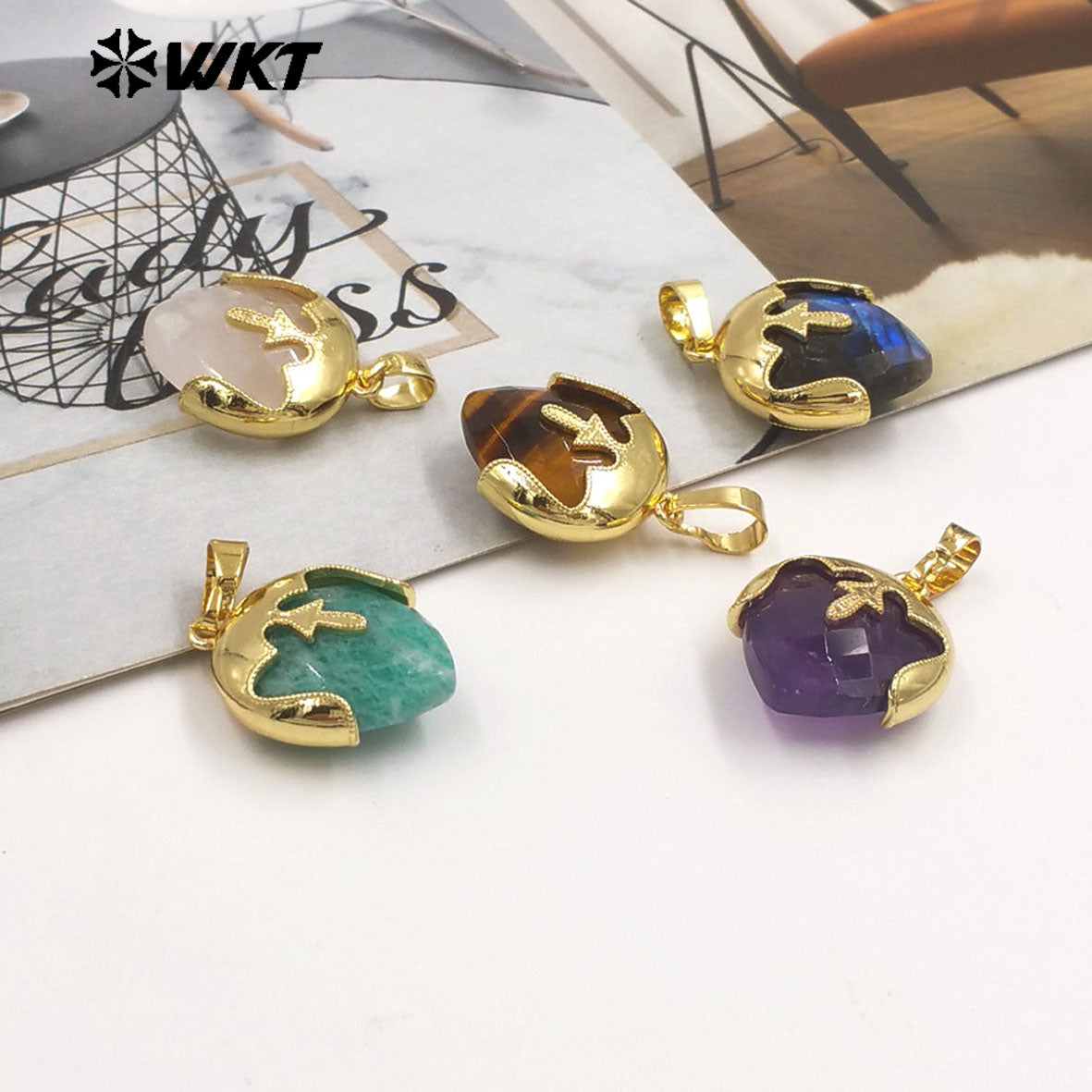 WT-P2013 Unique Design Top Cover Gold Plated Heart Shape Natural Gemstones Cute Pendant For Ladies Necklace Jewelry Diy