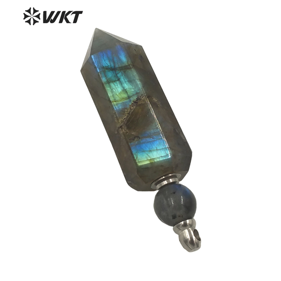 WT-P1619 Amazing Stainless Steel Hexagonal Natural Labradorite Stone Perfume Bottle Pendant Fashion Steel Spirit Point Bottle