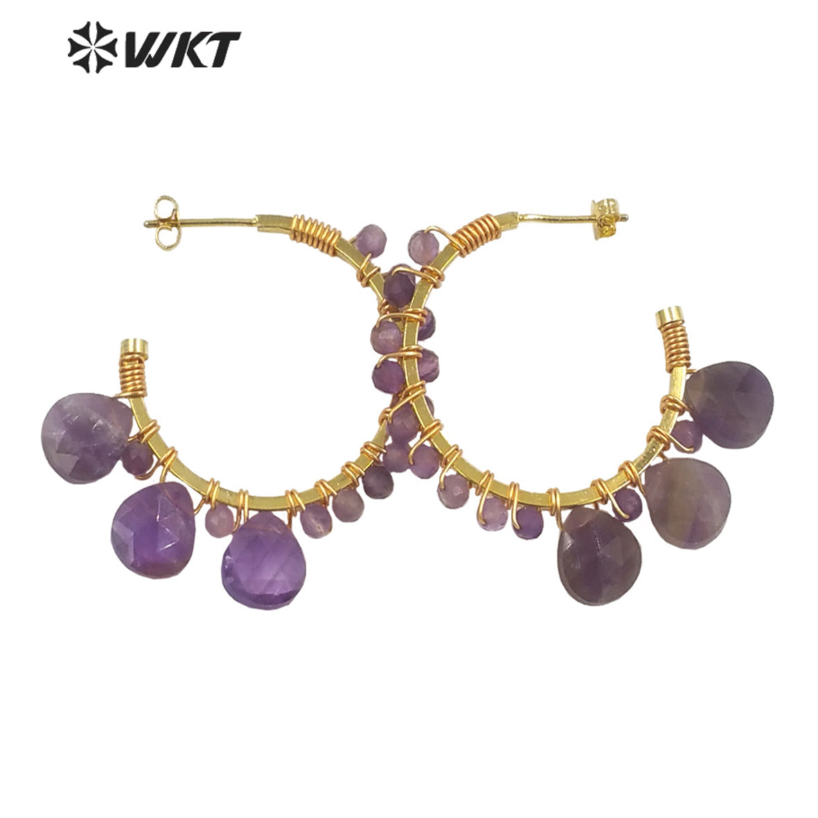 WT-E694 Wholesale Fashion Gold Plated C Shape Wire Wrapped Stone Earrings Attractive Teardrop Stone Crescent Moon Earrings
